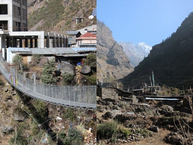 The current suspension bridge connecting Nepal and Tibet (left); a traditional Tamang village, just down road from the new bridge (right)
