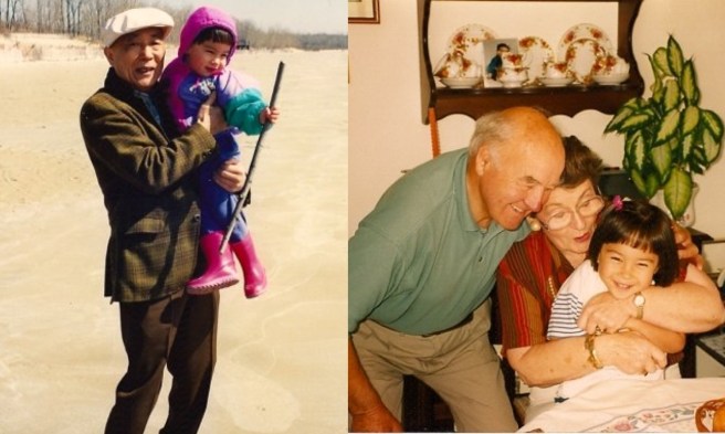 My Gramps and I at Sandbanks Provincial Park in southern Ontario (l), Nana, Pop, and I at their home in Ireland.